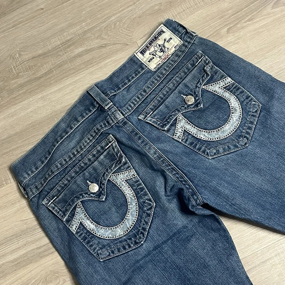 True Religion Men's Blue Denim Jeans Straight Leg W/Flaps Size‎ 38x25